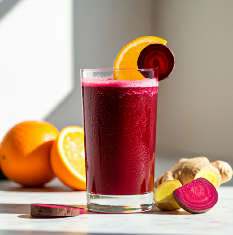 A vibrant Radiant Beet Orange Revitalizer juice in a glass, garnished with orange slices and beetroot leaves, offering a fresh and energizing appeal. Radiant Beet Orange Revitalizer