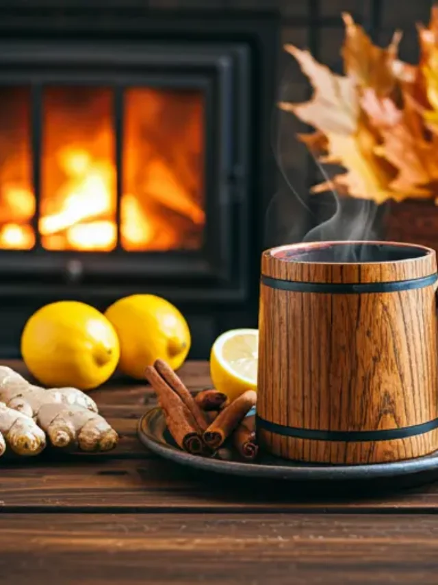 A warm mug of spiced apple cider garnished with a cinnamon stick and star anise, evoking cozy autumn vibes.