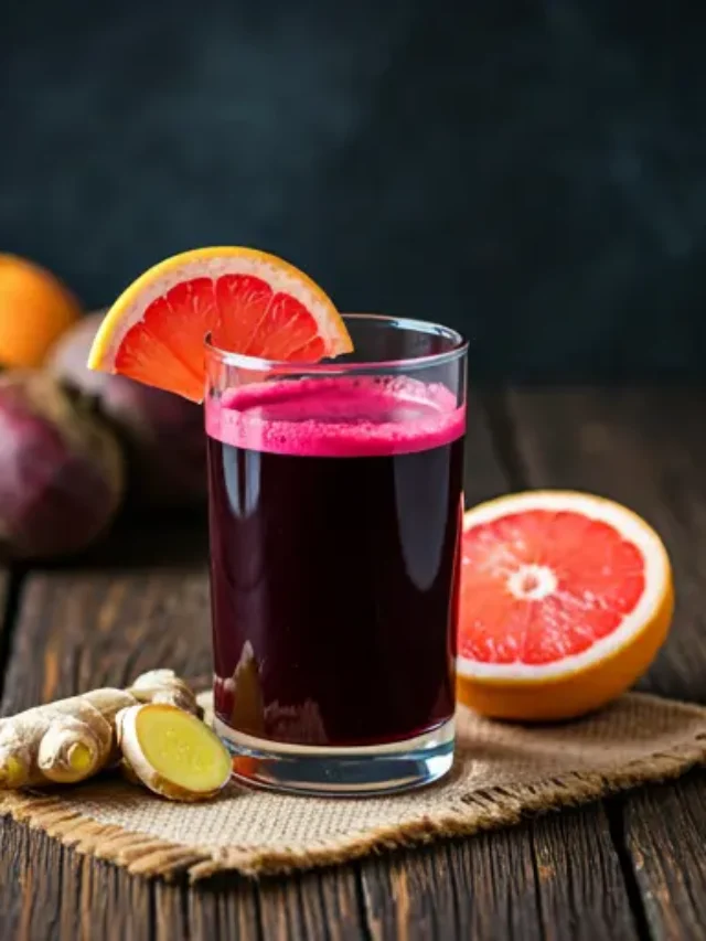 A deep red beetroot drink in a glass, garnished with a slice of beetroot and a sprig of fresh mint, offering a rich and earthy vitality boost. Bitter Beet Vitality Elixir