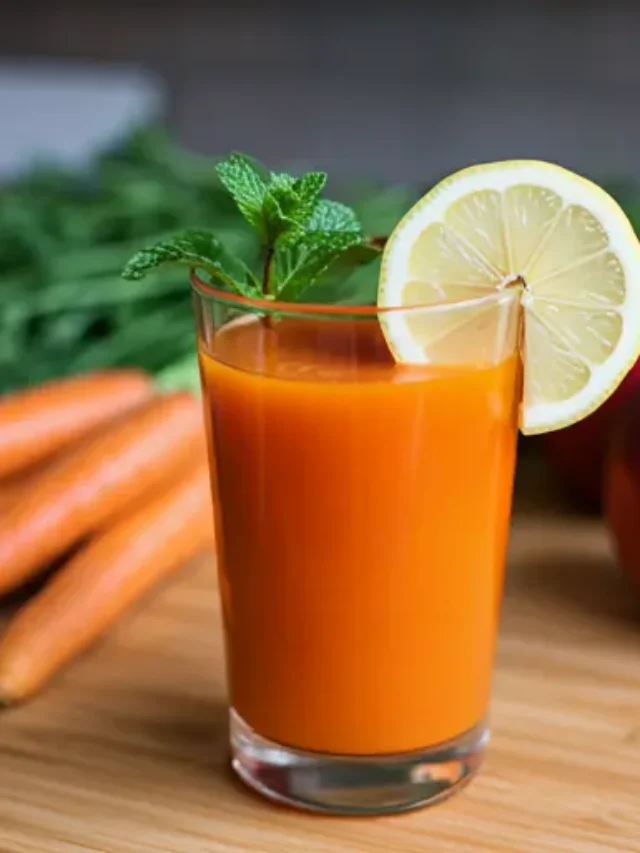 Celestial Carrot & Ginger Elixir is a glowing orange carrot and ginger drink in a glass, garnished with a thin slice of ginger and a twist of carrot peel, radiating warmth and vitality.