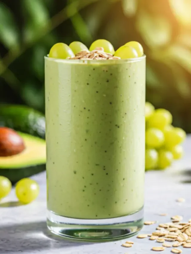 Creamy Avocado Grape Oat is a creamy avocado, grape, and oat smoothie in a glass, topped with fresh grapes and a sprinkle of oats, offering a smooth and energizing treat. Creamy Avocado Grape Oat