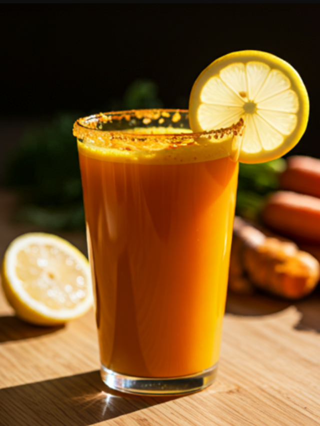 A golden-hued detox drink in a glass, garnished with a slice of lemon and a dash of turmeric, radiating health and vitality. Golden Detox Elixir