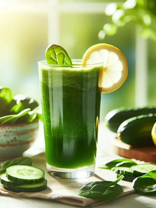 Radiant Green Detox Elixir a vibrant in a glass, garnished with a slice of lime and fresh herbs, radiating freshness and vitality.