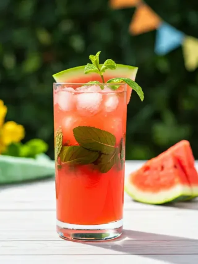 A Refreshing Watermelon Mint Cooler drink in a glass, garnished with a fresh mint sprig and a slice of watermelon, perfect for a summer refreshment.