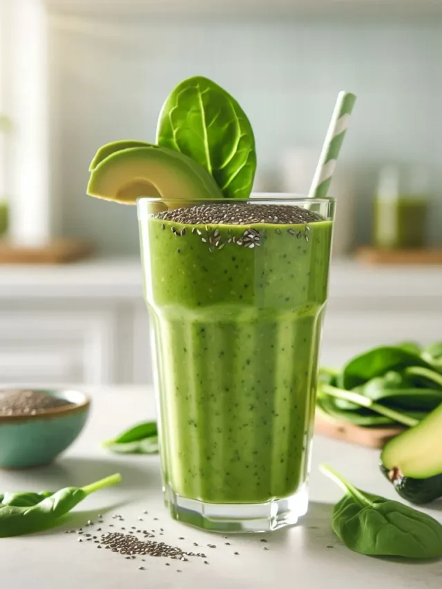 A Slim Down Super Smoothie in a glass, topped with chia seeds and fresh fruit slices, perfect for a healthy weight-loss boost.