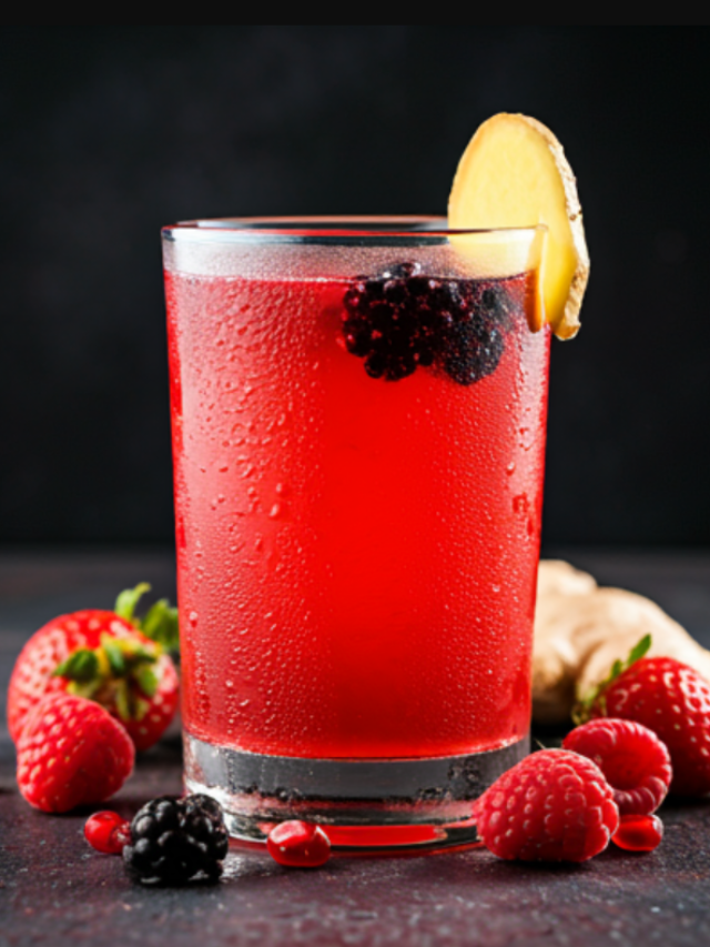 A vibrant glass of red berry and ginger juice garnished with fresh mint leaves, showcasing its refreshing and energizing appeal. Zesty Red Berry Ginger Power Juice