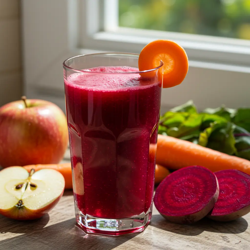 Alphabet Health Booster in a glass with colorful fruit slices like apple blueberry and orange