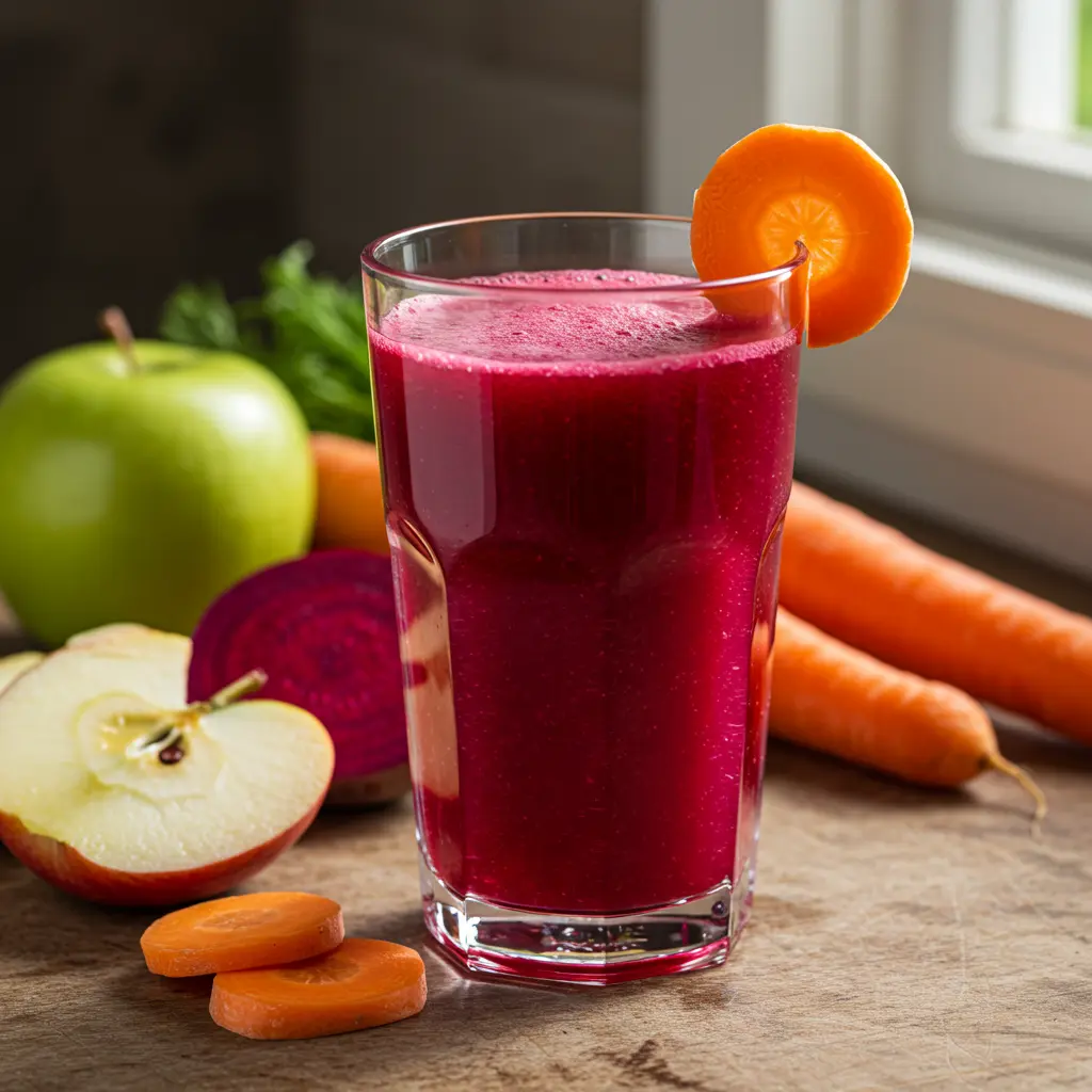 Alphabet Health Booster in a pitcher with an assortment of colorful fruits like apple orange and berries
