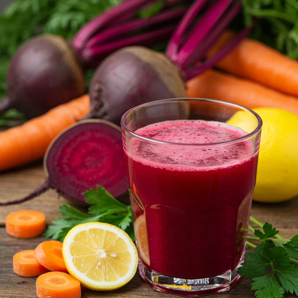 Fresh ingredients for Beetroot Bliss Carrot Elixir including beetroots carrots and ginger arranged on a wooden surface