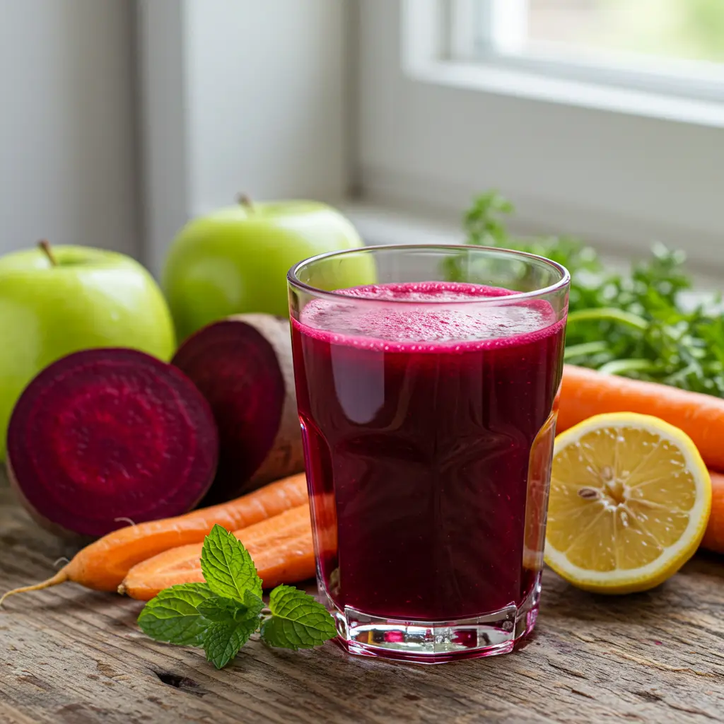 Beetroot Bliss Elixir in a pitcher with fresh beet slices citrus and mint