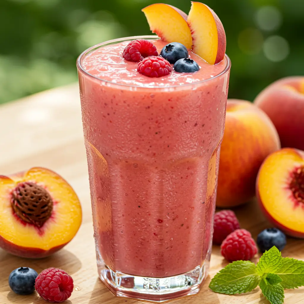 Berry Peach Sunrise Smoothie in a glass with layered peach and berry colors