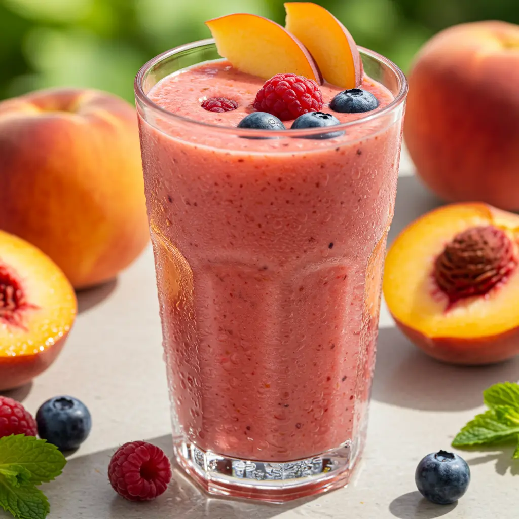 Fresh ingredients for Berry Peach Sunrise Smoothie including peaches berries and yogurt