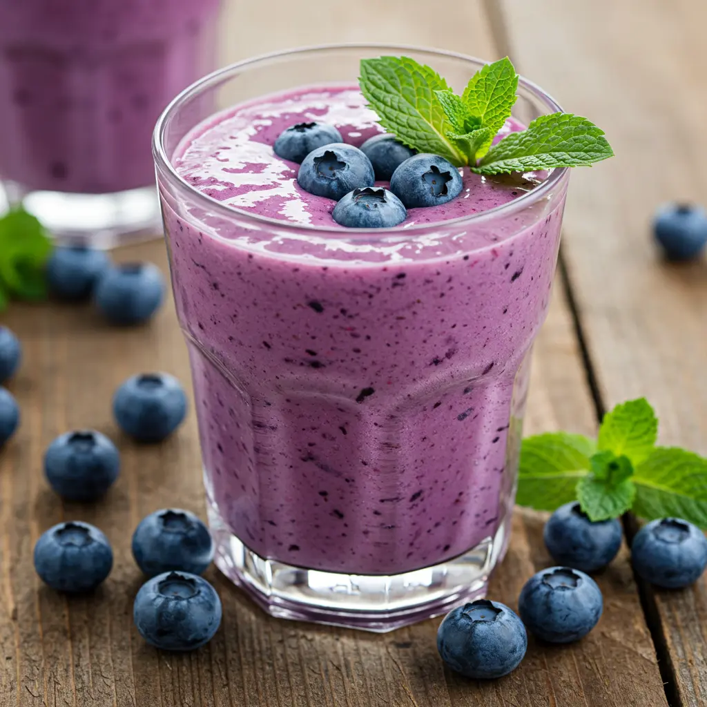 A vibrant glass of Blueberry Bliss Smoothie with a deep purple hue topped with fresh blueberries and a sprinkle of chia seeds