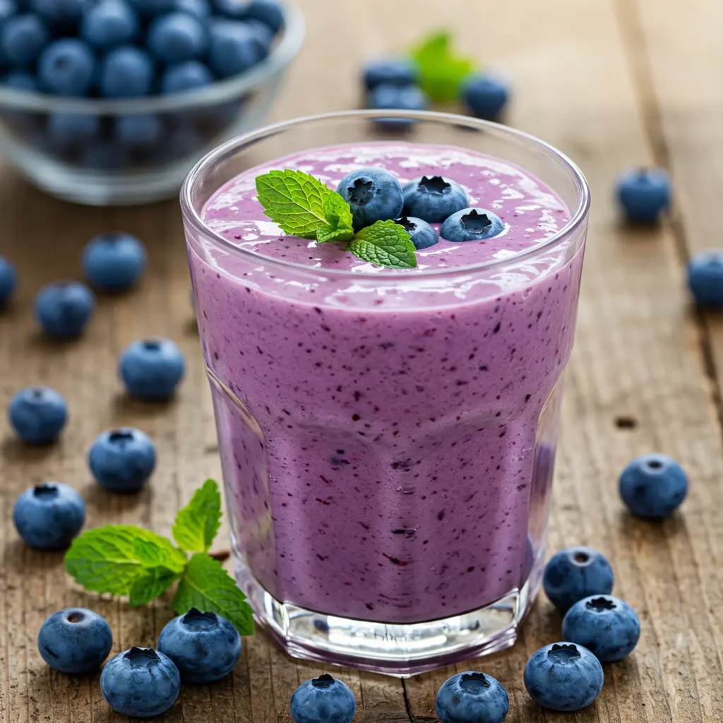 Fresh ingredients for Blueberry Bliss Smoothie including blueberries bananas yogurt and honey arranged on a rustic wooden surface