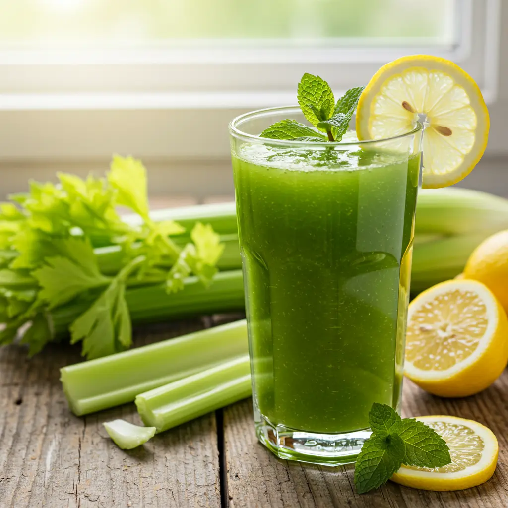 Celery Refreshment Delight in a glass with fresh celery stalks and ice cubes