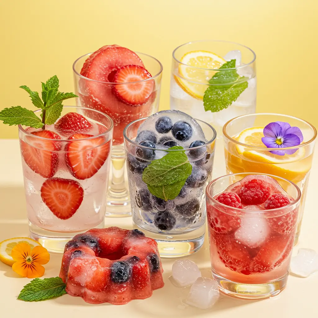 A beautifully frozen Chilled Floral Fruit Ice Ring featuring vibrant edible flowers and slices of citrus encased in crystal clear ice