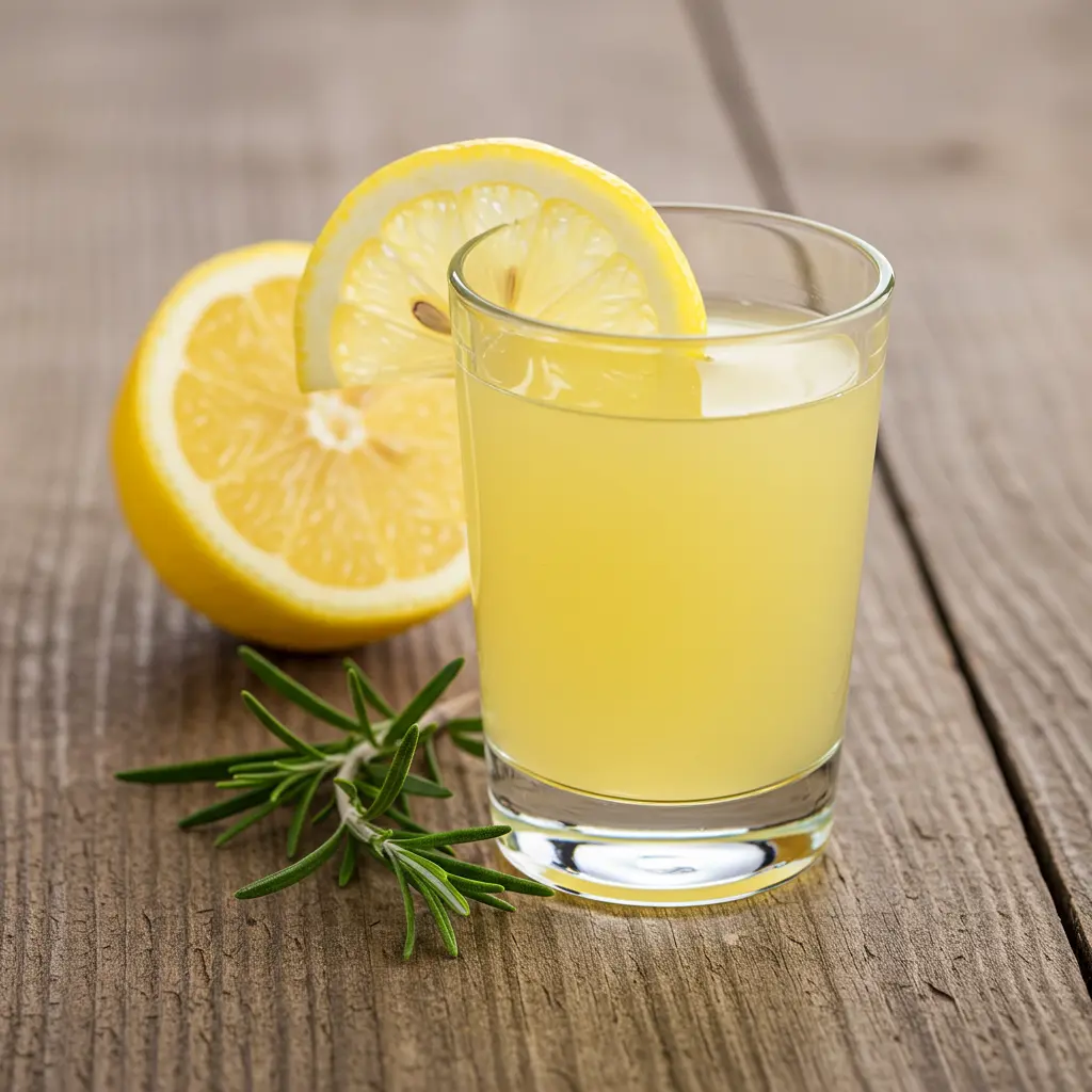 A refreshing glass of Citrus Herb Vitality Boost with a vibrant yellow orange hue garnished with fresh herbs and citrus slices