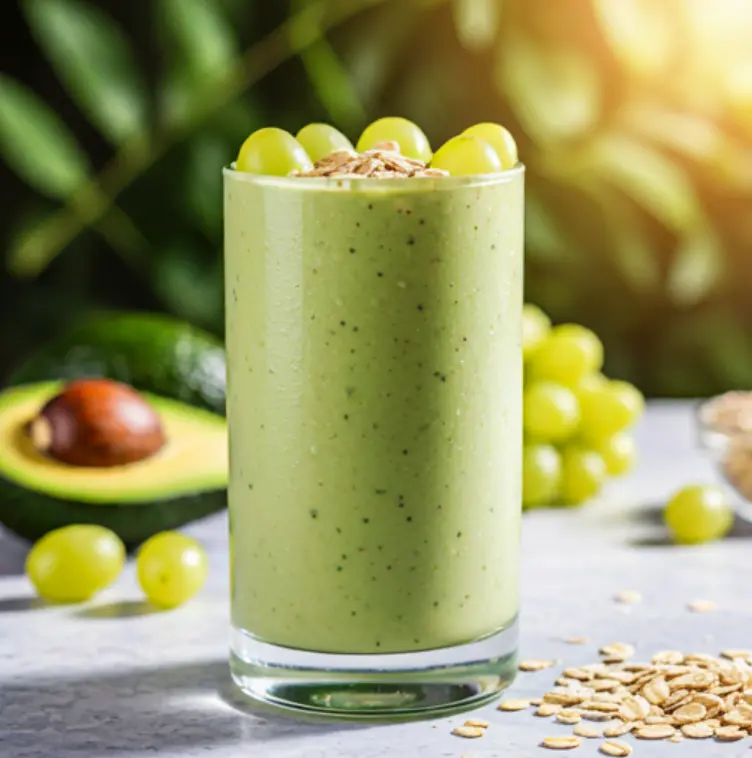 Creamy Avocado Grape Oat Power Smoothie in a glass with green grapes and oats as garnish