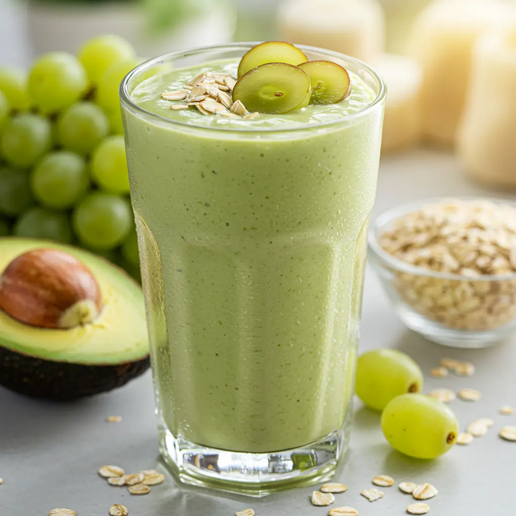Ingredients for Creamy Avocado Grape Oat Power Smoothie including avocado green grapes oats and almond milk