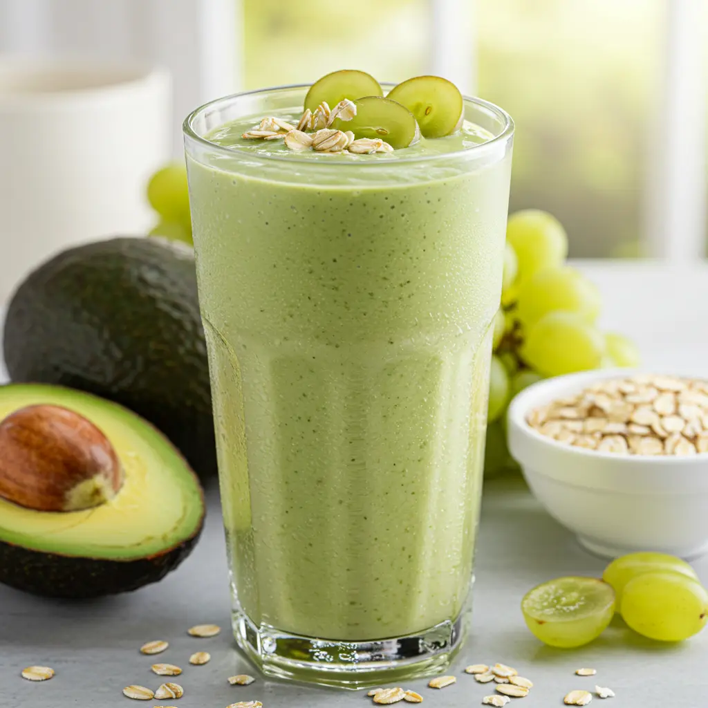 A thick and creamy glass of Creamy Avocado Grape Oat Power Smoothie pale green in color topped with halved grapes and a sprinkle of oats