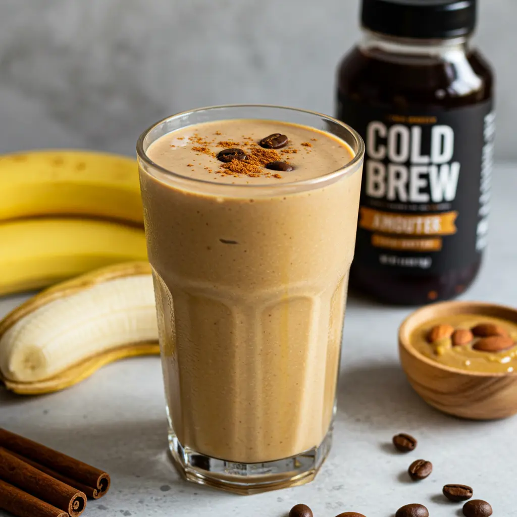 Creamy Coffee Energizer Smoothie in a tall glass with coffee beans and banana garnish