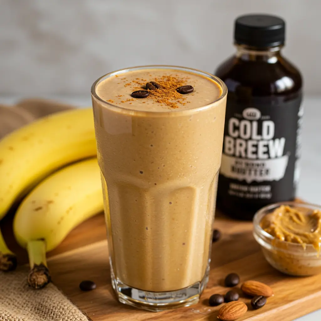 Ingredients for Creamy Coffee Energizer Smoothie including banana brewed coffee oats and almond milk