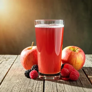 Crisp Orchard Elixir A light amber hued elixir in a glass garnished with a slice of apple and a sprig of fresh thyme capturing the essence of a fresh orchard
