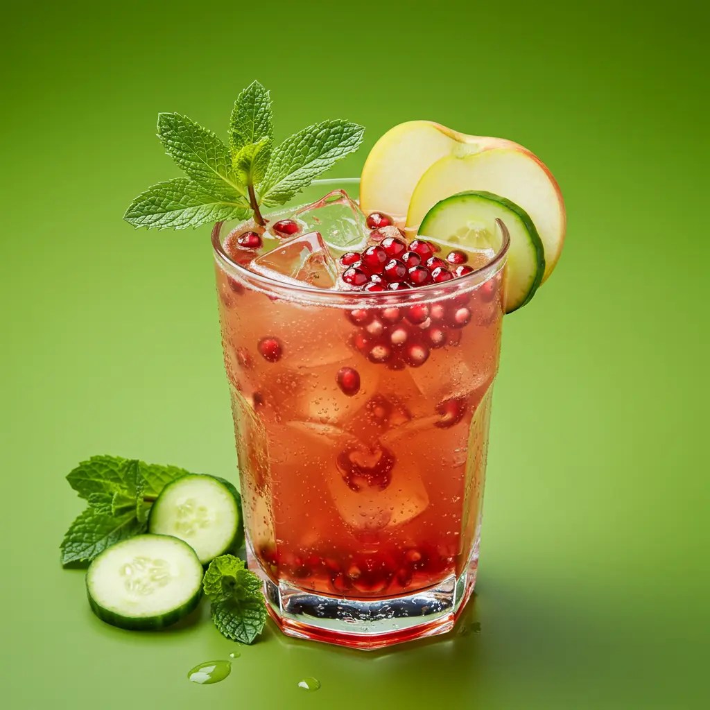 Emerald Elixir with Pomegranate Essence in a glass with fresh greens pomegranate seeds and ice cubes