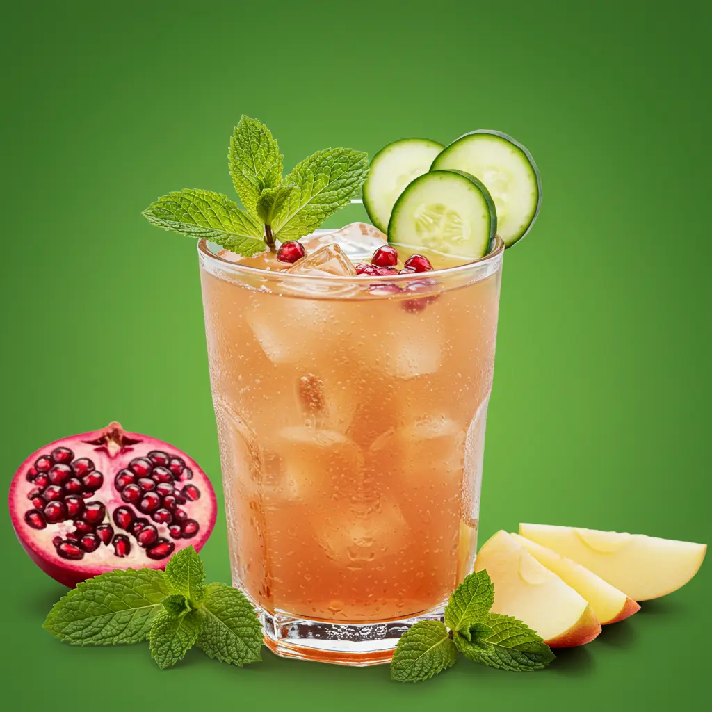 Emerald Elixir with Pomegranate Essence in a pitcher with leafy greens pomegranate seeds and citrus slices