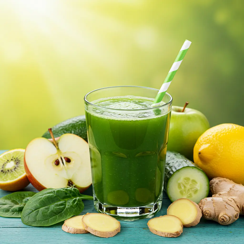 A vibrant glass of Energizing Elixir of Vitality with a bright golden hue garnished with citrus slices and fresh mint