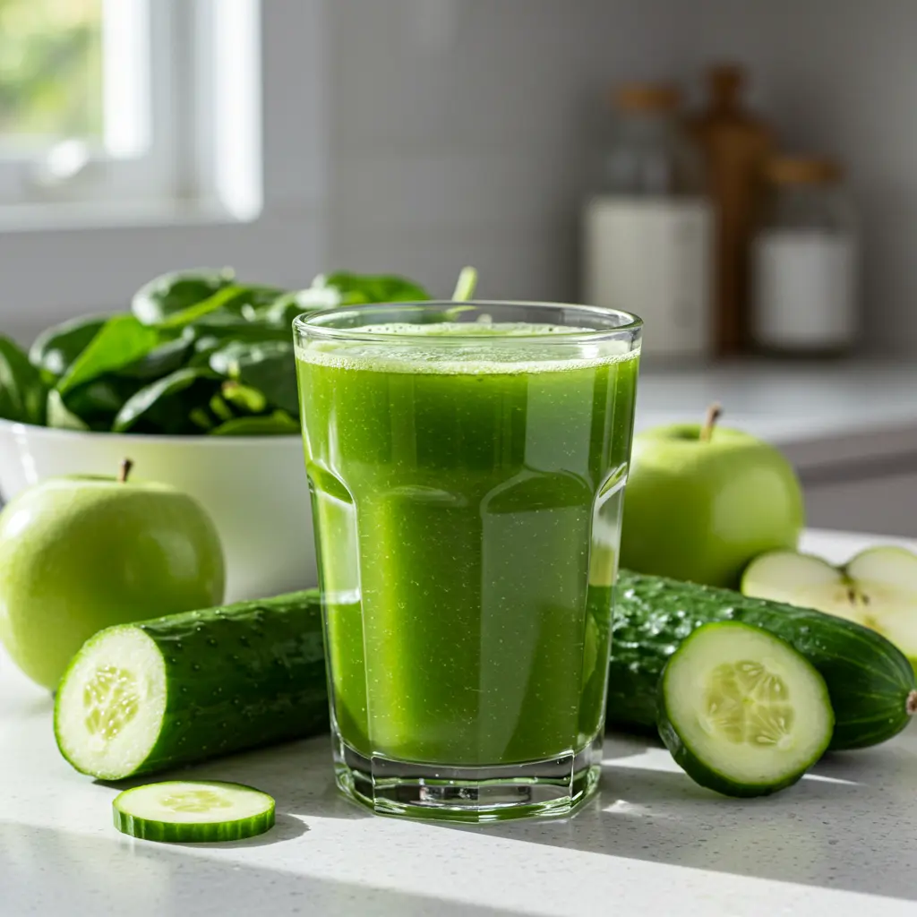 Energizing Green Elixir in a pitcher with leafy greens citrus slices and fresh herbs