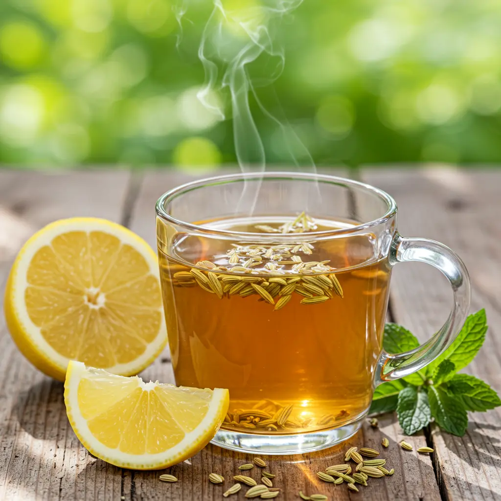A refreshing glass of Fennel Infusion for Spring Wellness with a light golden hue garnished with fennel fronds and a slice of lemon