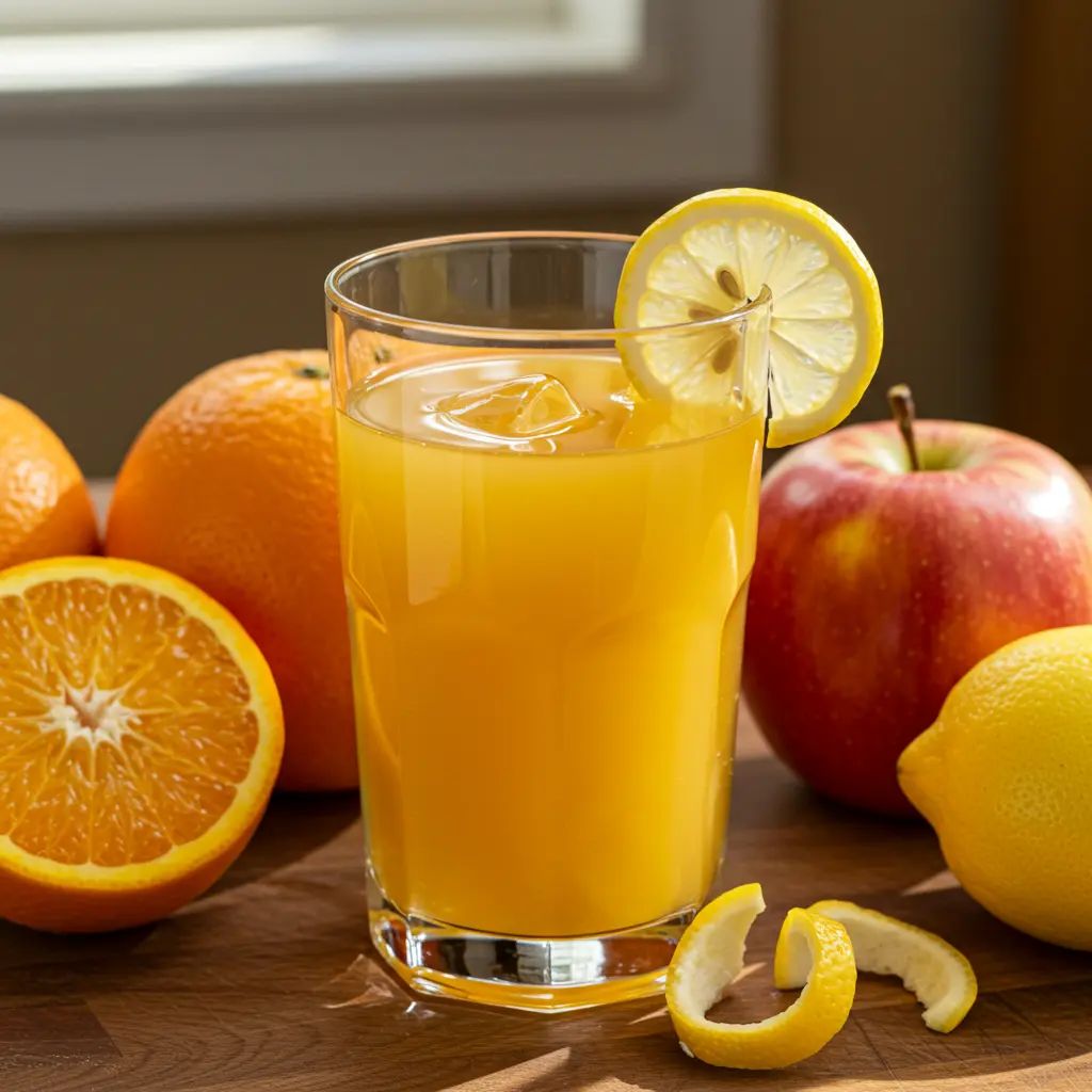 Fresh ingredients for Golden Citrus Delight including oranges turmeric and honey arranged on a wooden surface