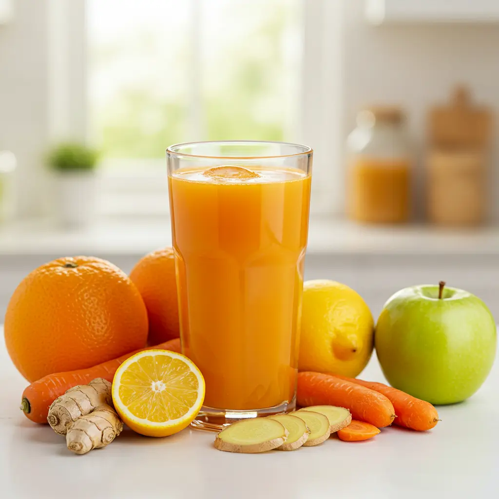 Immunity Boost Elixir in a pitcher with citrus wedges turmeric slices and ginger root
