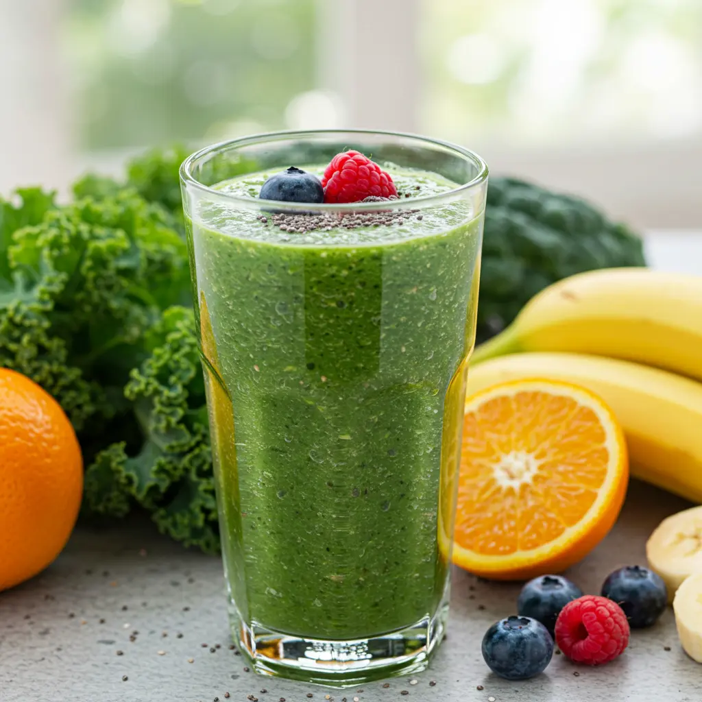 Kale Superfruit Power Smoothie served in a glass with fresh berries and kale garnish
