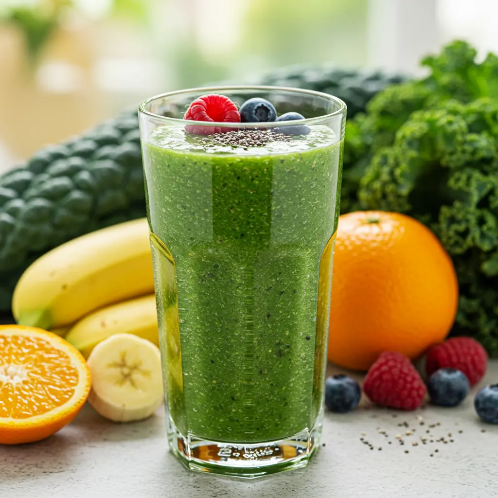 Ingredients for Kale Superfruit Power Smoothie including kale blueberries strawberries banana and chia seeds