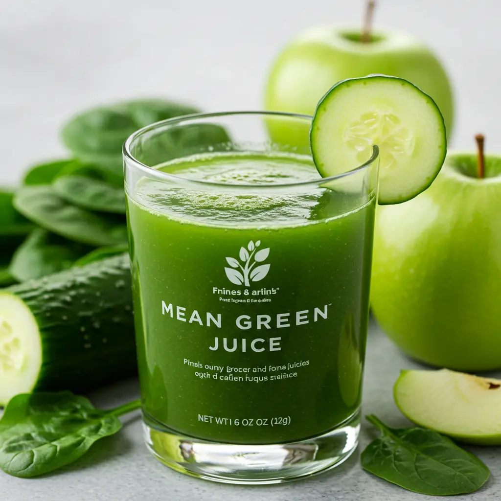 Mean Green Juice in a glass with fresh kale cucumber and green apple slices