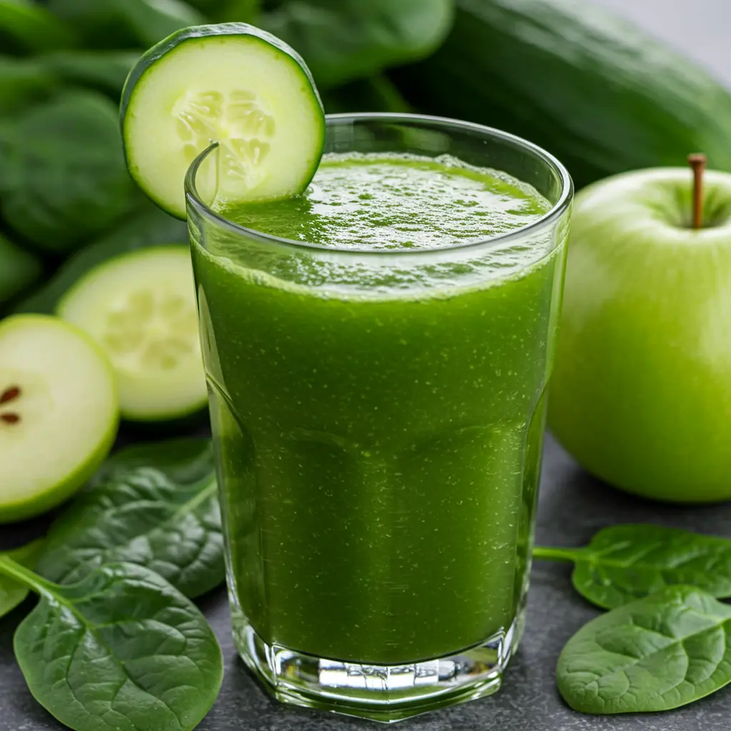 Mean Green Juice in a pitcher with kale leaves cucumber slices and lemon wedges