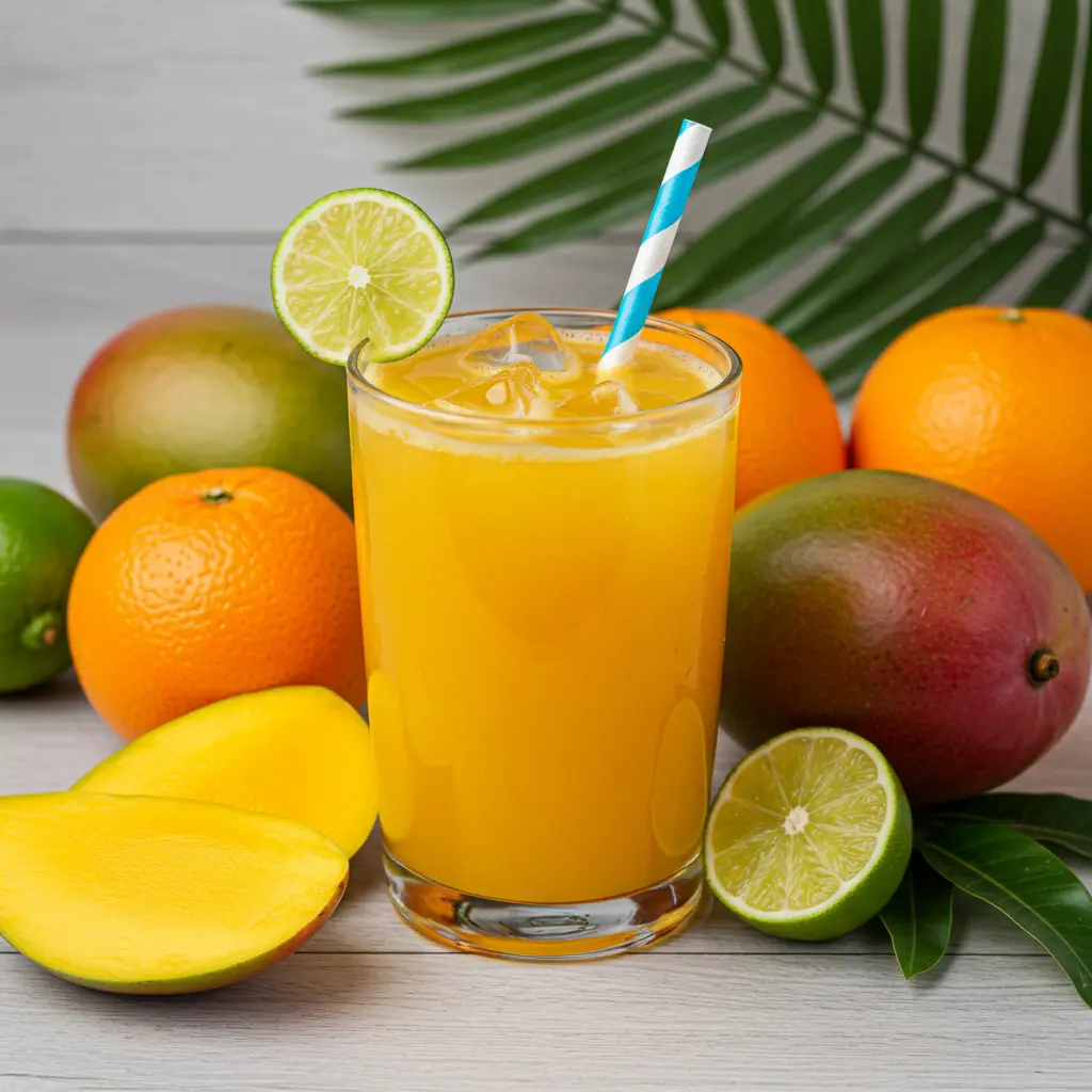 Tropical Mango Citrus Fusion in a glass with fresh mango chunks citrus slices and ice cubes
