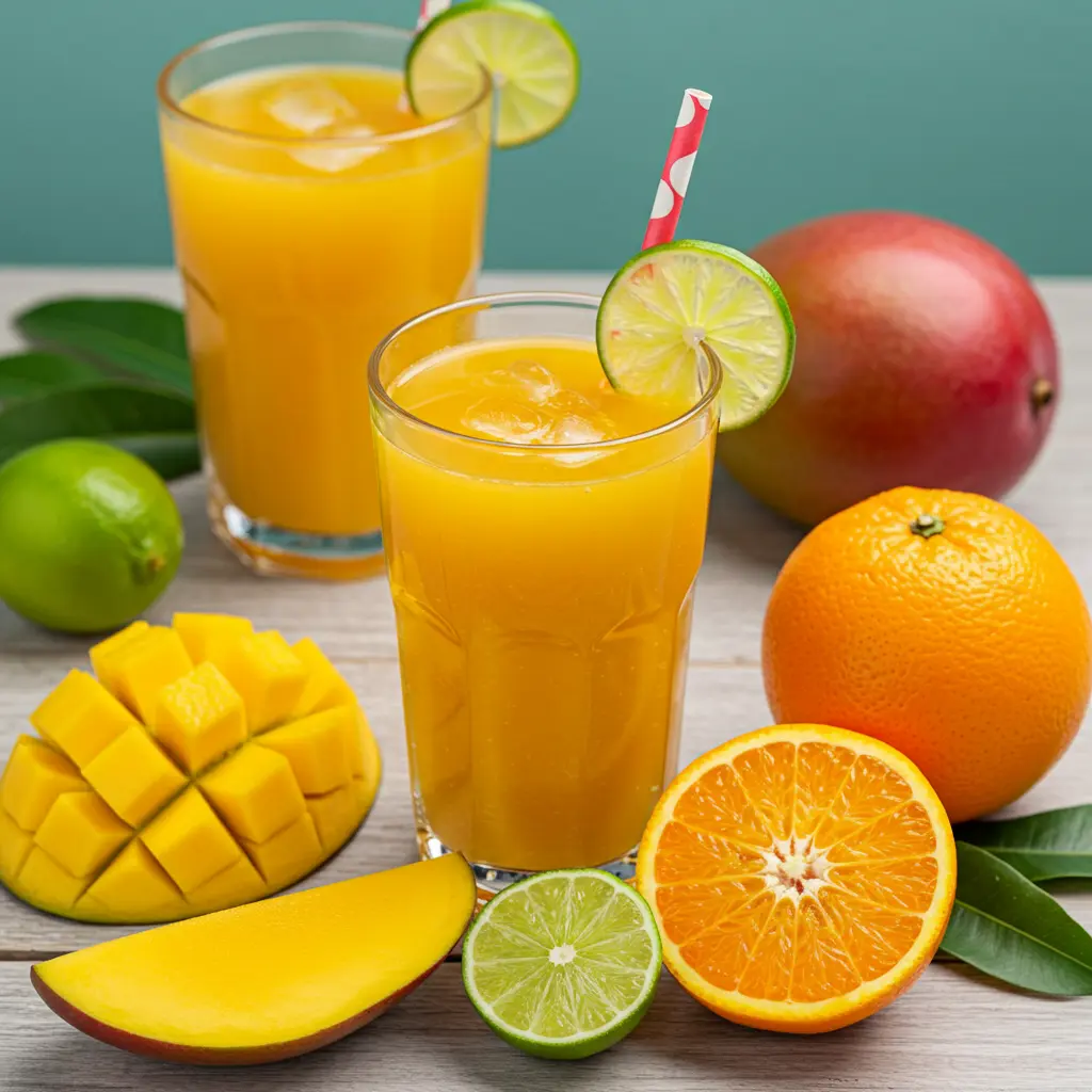 Tropical Mango Citrus Fusion in a pitcher with mango slices oranges lemons and fresh mint leaves