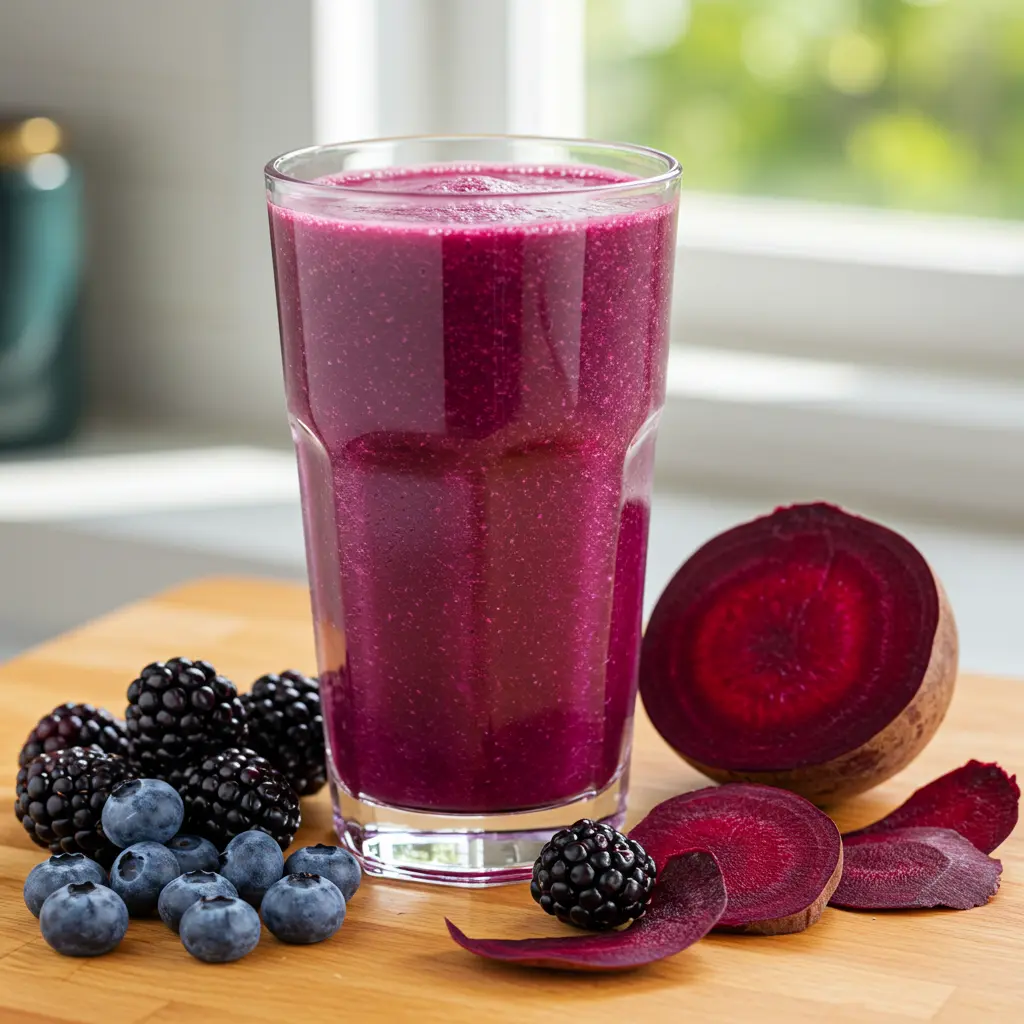 Violet Vitality Smoothie in a glass with blueberries blackberries and ice cubes