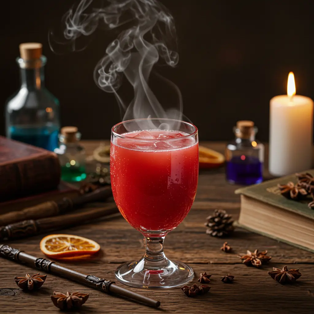 Wizards Potion in a glass with a mix of vibrant fruits herbs and ice cubes