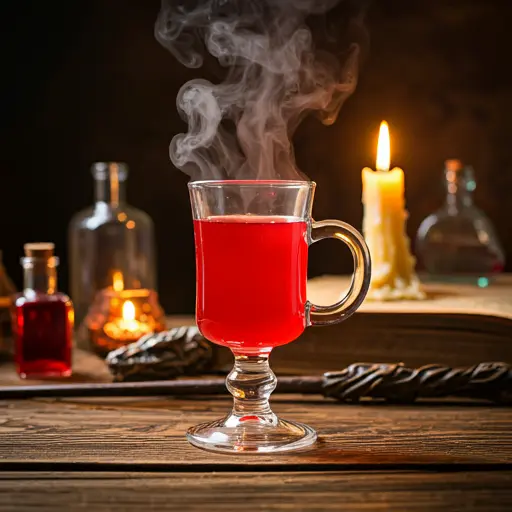 A mystical glass of Wizards Potion, glowing with a deep purple hue, topped with swirling mist and garnished with a sprig of rosemary and a few blackberries.