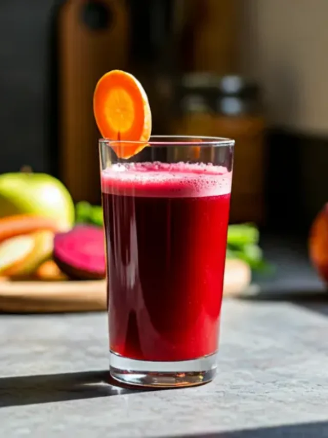 A vibrant glass of Alphabet Health Booster, featuring a rich multicolored blend, garnished with a mix of fresh fruits and a leafy green sprig.