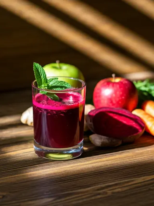A vibrant glass of Beet & Bliss Juice, featuring a deep magenta hue, garnished with a slice of lemon and a sprig of parsley.