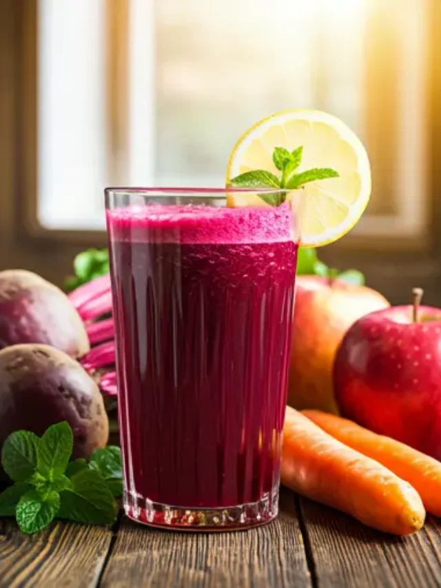 A luminous glass of Beetroot Bliss Elixir, with a rich crimson hue, garnished with a swirl of yogurt and a sprinkle of chia seeds.