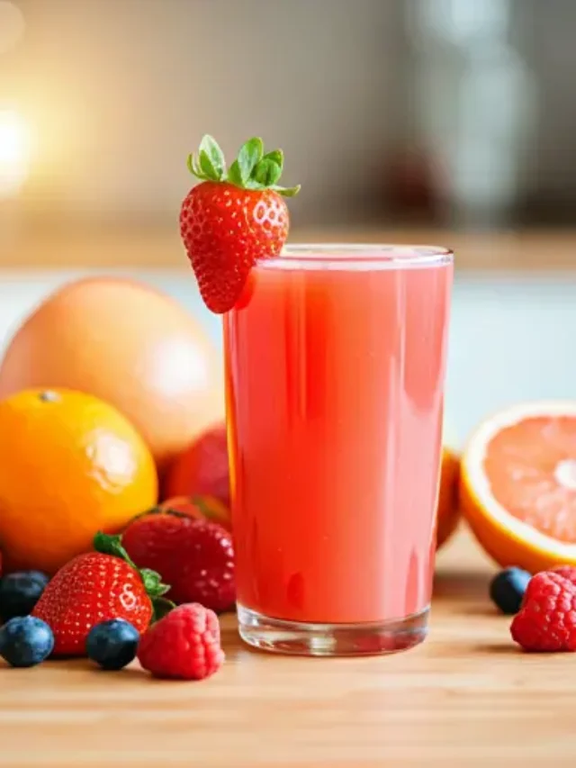 A vibrant glass of Berry Citrus Bliss, featuring a deep berry hue swirled with a touch of citrus, garnished with a slice of orange and fresh berries.