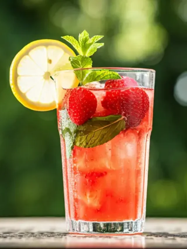 A chilled glass of Berry Fresh Mint Delight, showcasing a rich berry color, topped with fresh mint leaves, surrounded by an assortment of ripe berries.