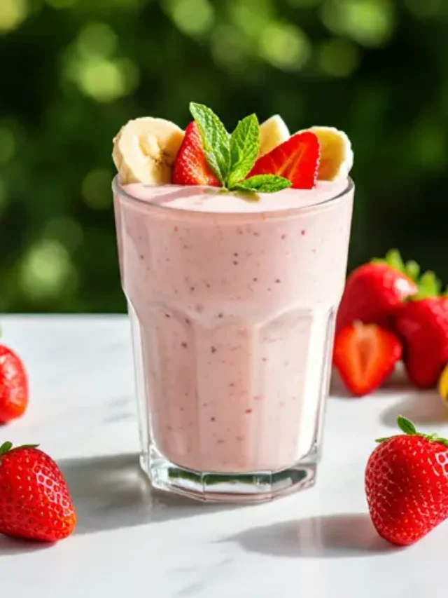 Berrylicious Strawberry Smoothie : A vibrant pink smoothie in a glass, topped with a fresh strawberry and a mint sprig, exuding sweet and fruity delight.