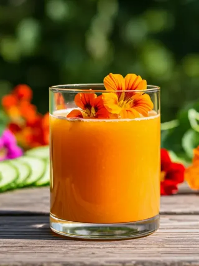 Blooming Botanical Bliss : A delicate pink-hued juice in a glass, garnished with edible flower petals and a sprig of fresh herbs, radiating elegance and freshness.